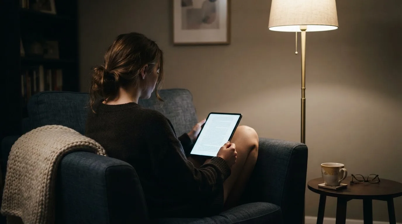 Junge Frau sitzt entspannt im Sessel und liest auf ihrem Tablet, eine Stehlampe wirft warmes Licht.